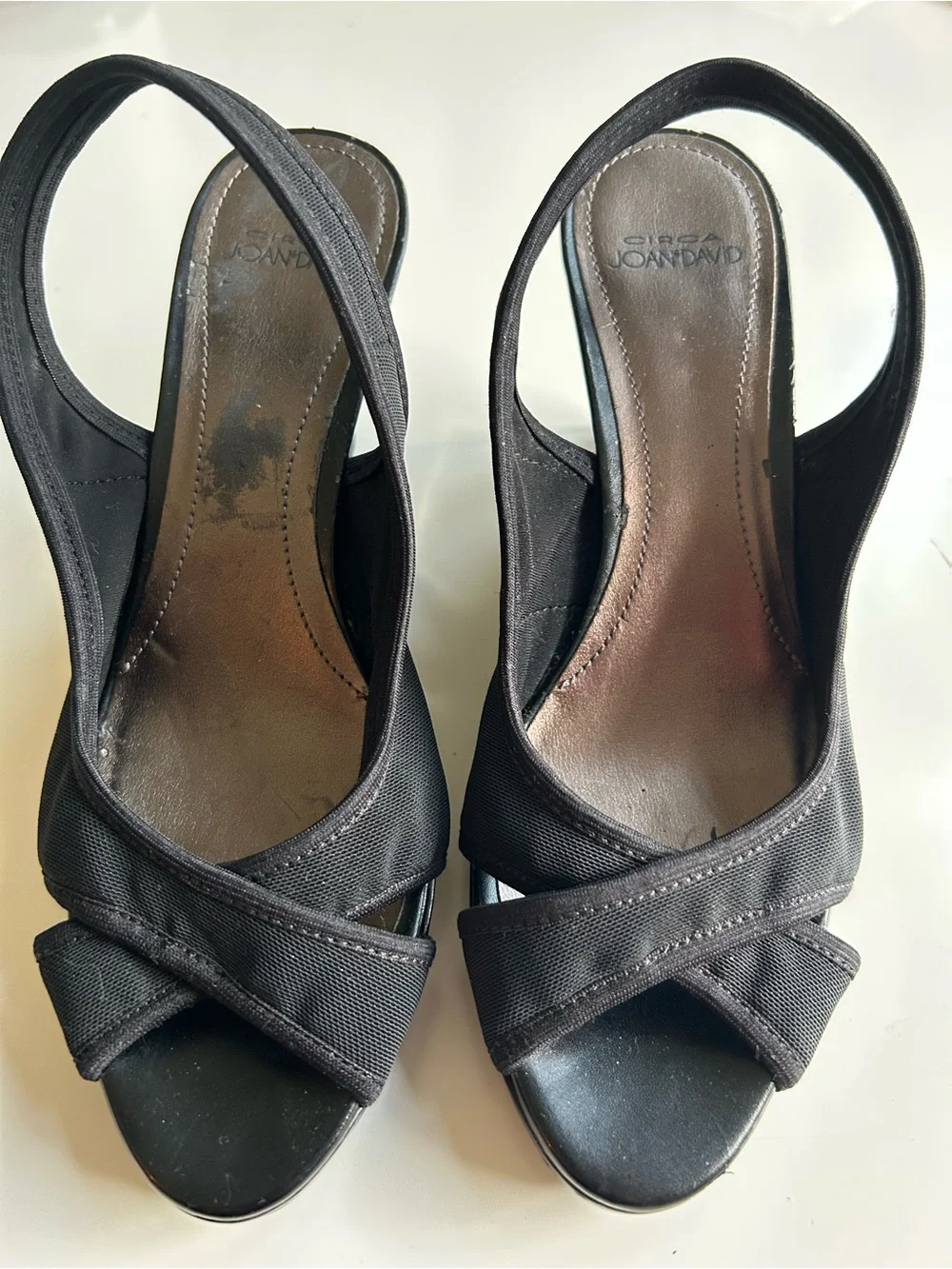 Joan & David Black Wedge HeelPeep-Toe Slingbacks; Microfibre Breathable Straps